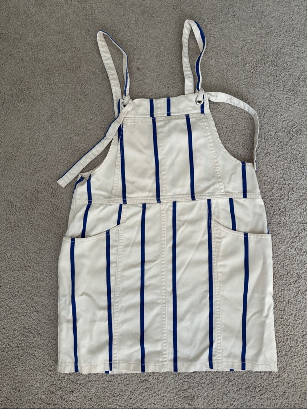 H&M White and Blue Striped Overall Dress with Tie Detail and Pockets- Size 8